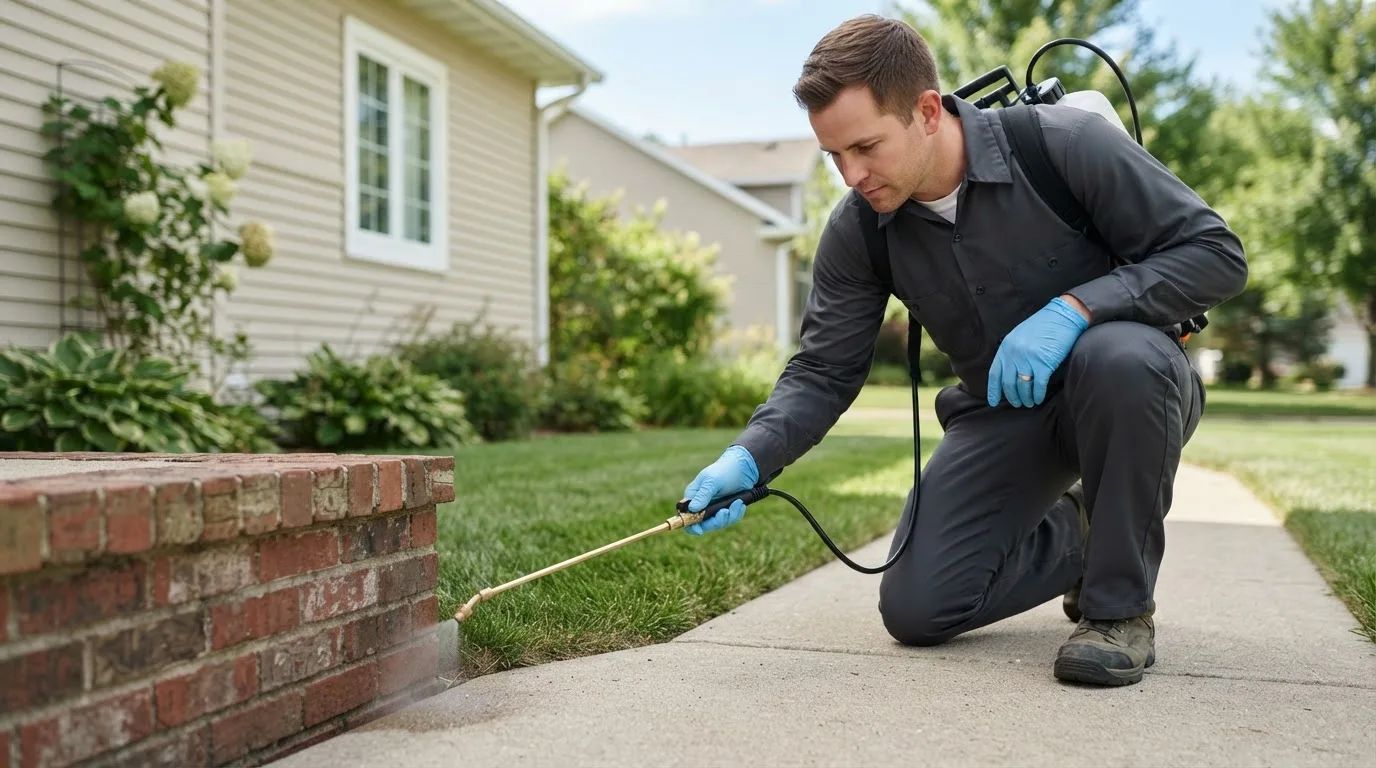 Pest control technician treating a home near Columbia, MO